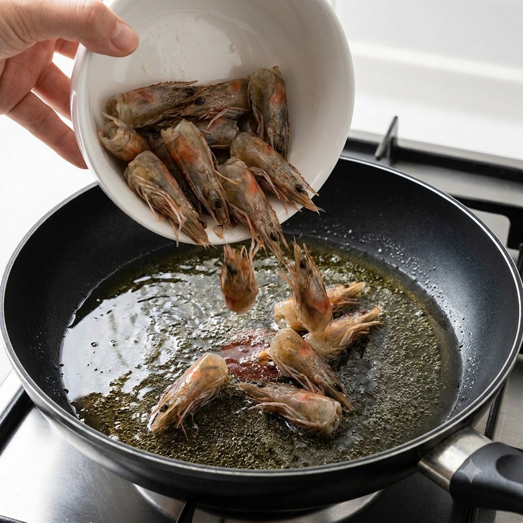 Des têtes de crevettes versées dun bol blanc dans une poêle dhuile bouillante pour en extraire la saveur.