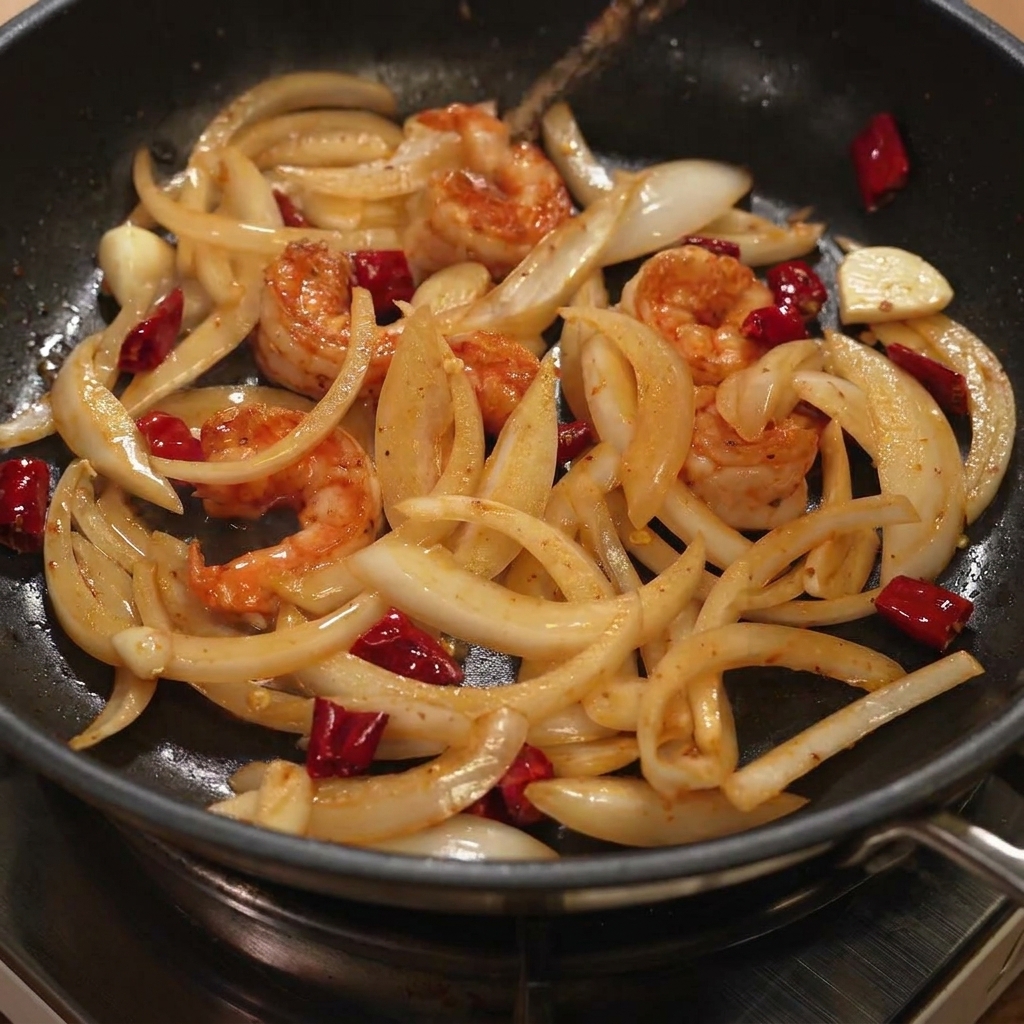 Du vin blanc et de la sauce piquante coréenne versés et mélangés dans la poêle avec les crevettes et les oignons.