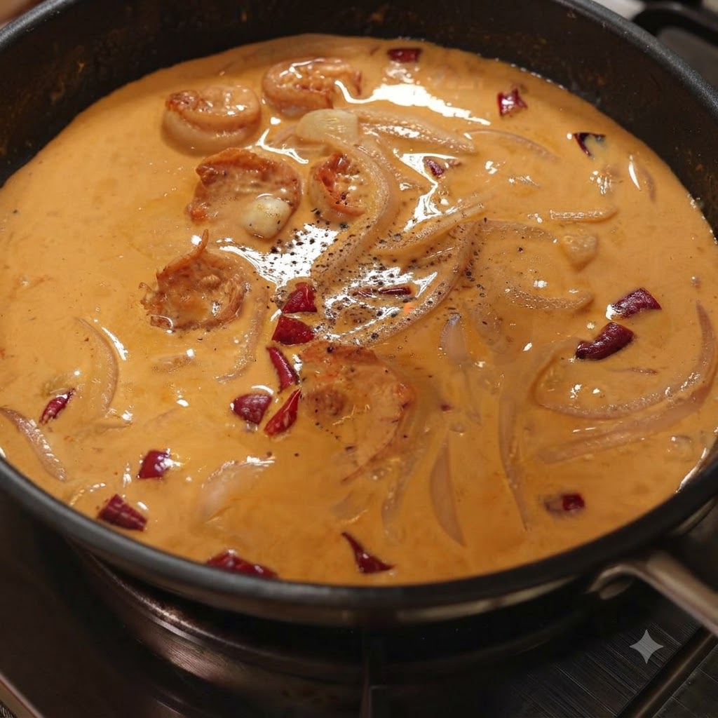 Du sel de mer et du poivre noir saupoudrés à la surface de la sauce crémeuse bouillante.