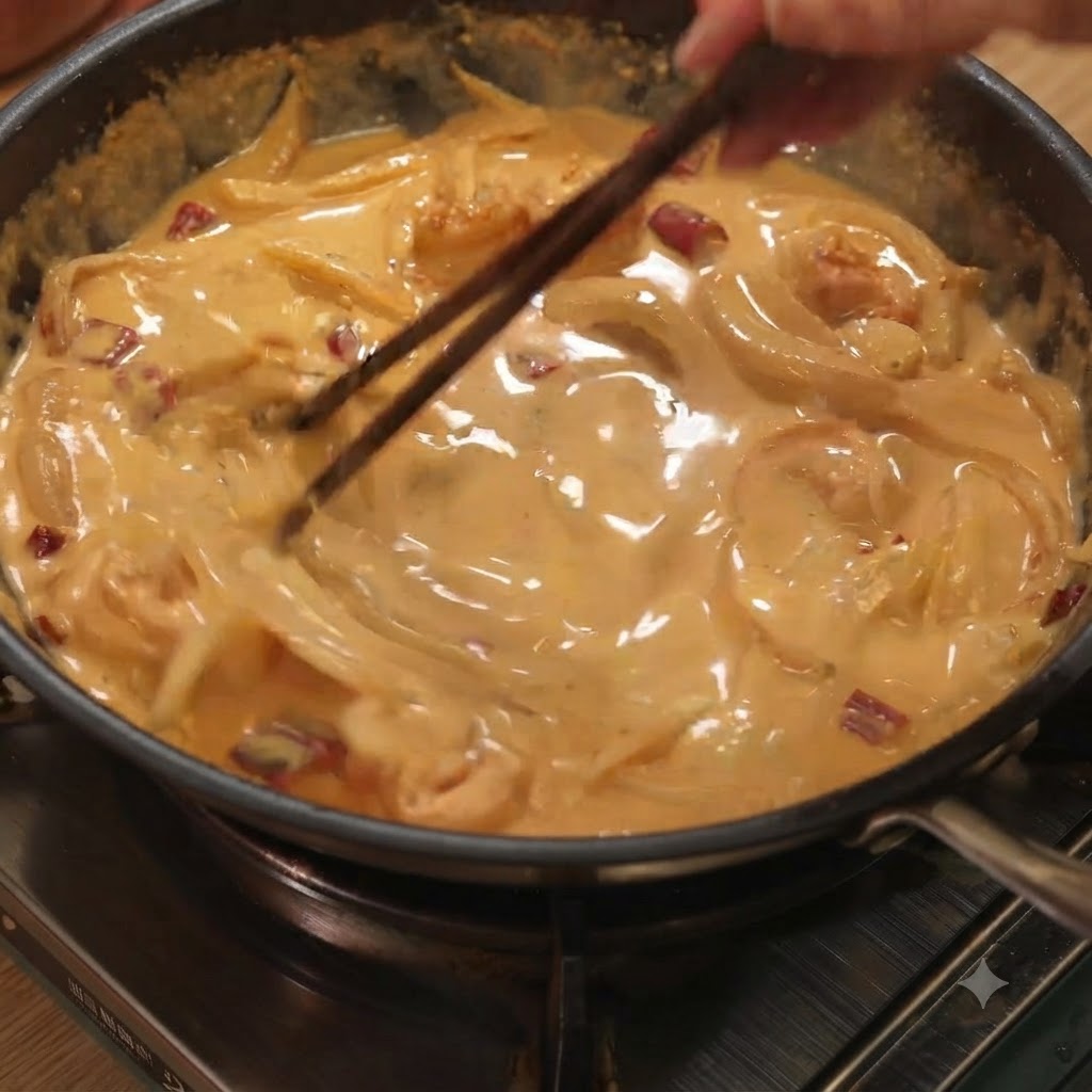 Des spaghettis cuits remués et mélangés dans la sauce crémeuse à laide de baguettes.