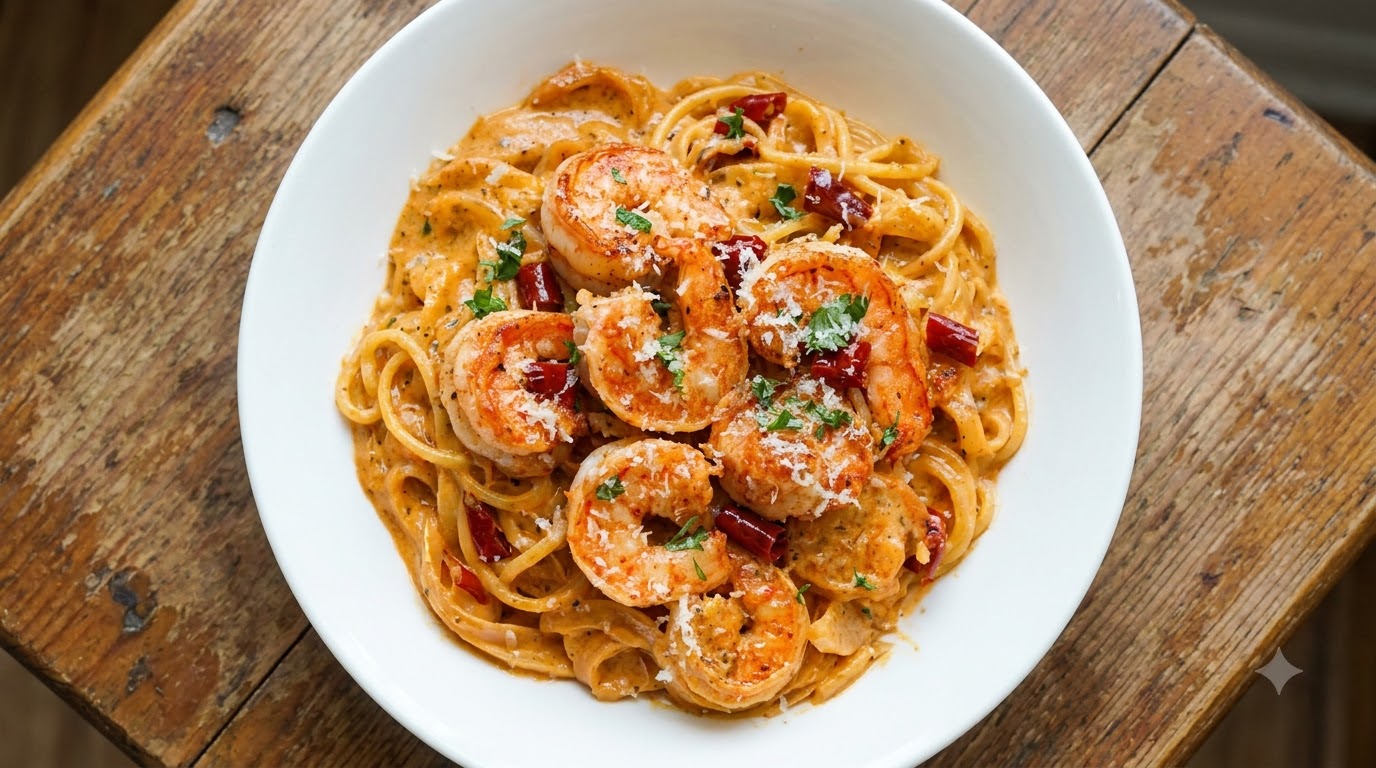 Pâtes aux Crevettes et Crème de Truffe Noire