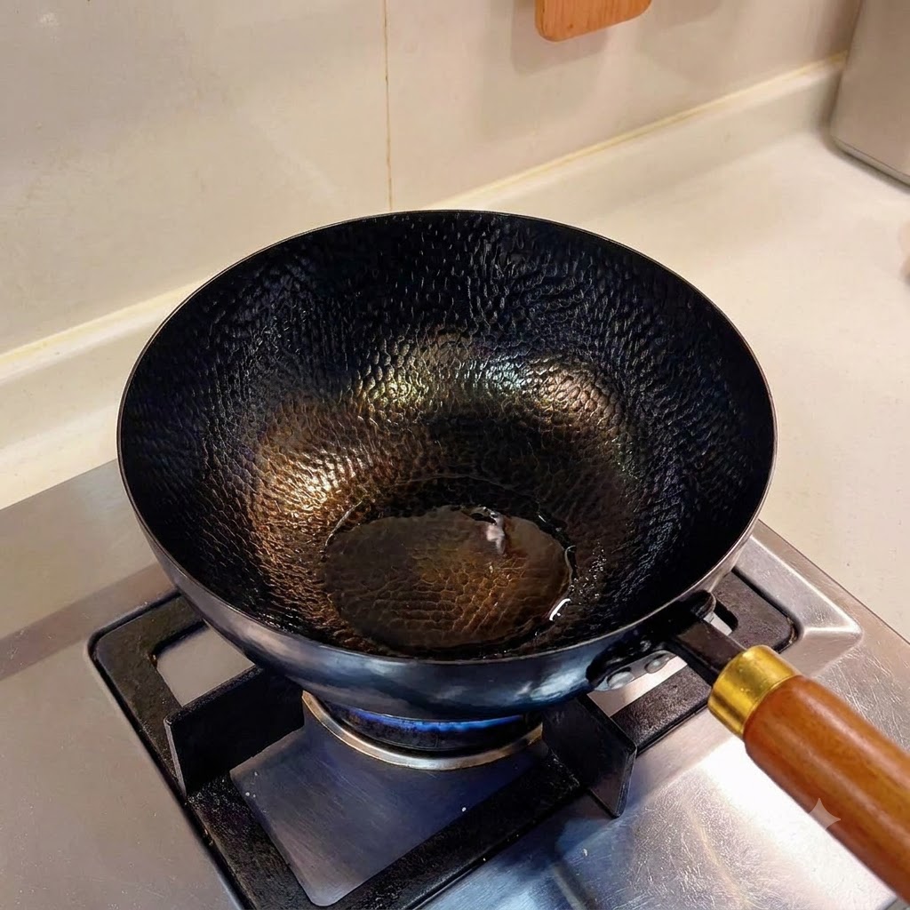 Huile chaude frémissant dans le wok noir placé sur une flamme bleue.