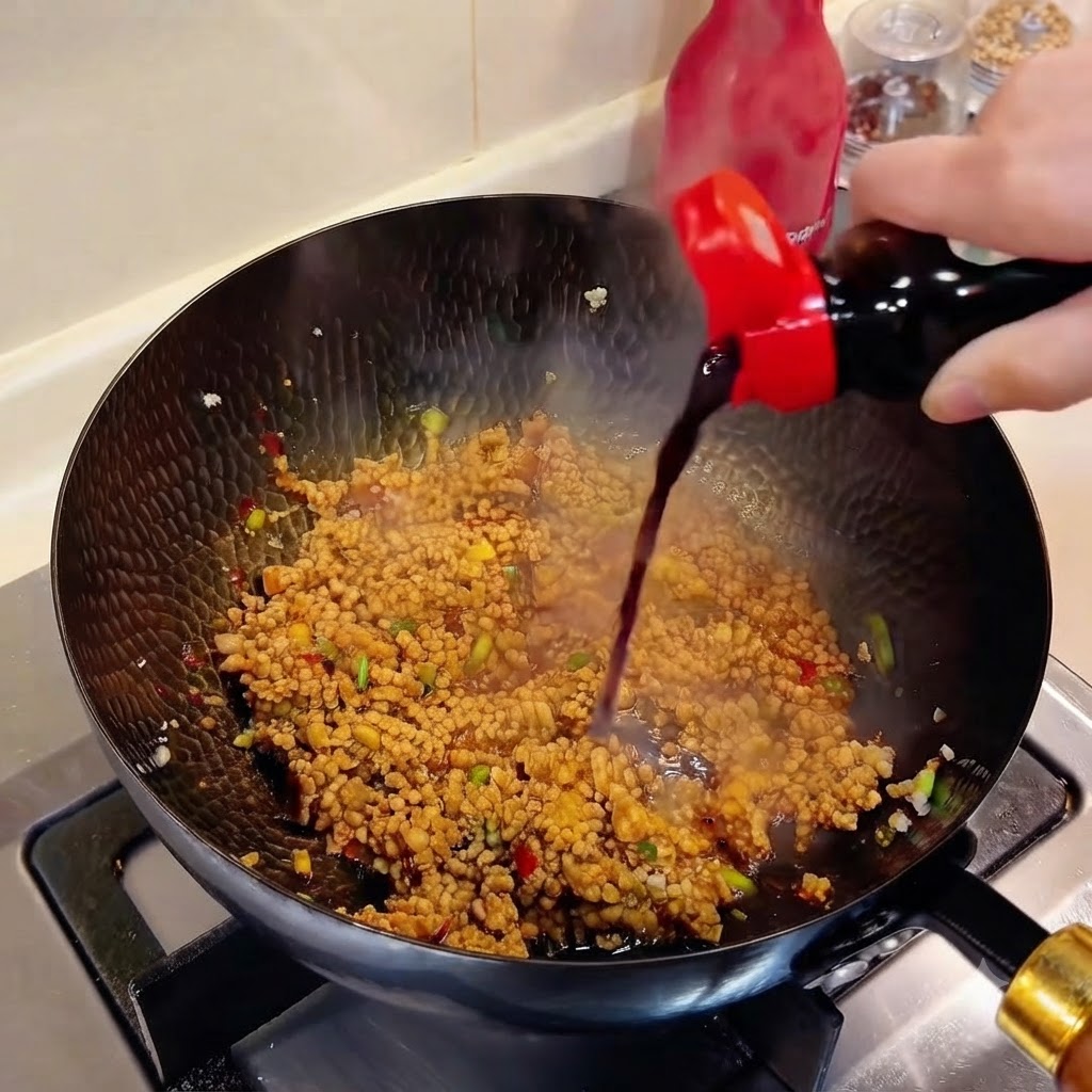 Sauce de soja foncée versée dune bouteille dans un wok de viande hachée assaisonnée.