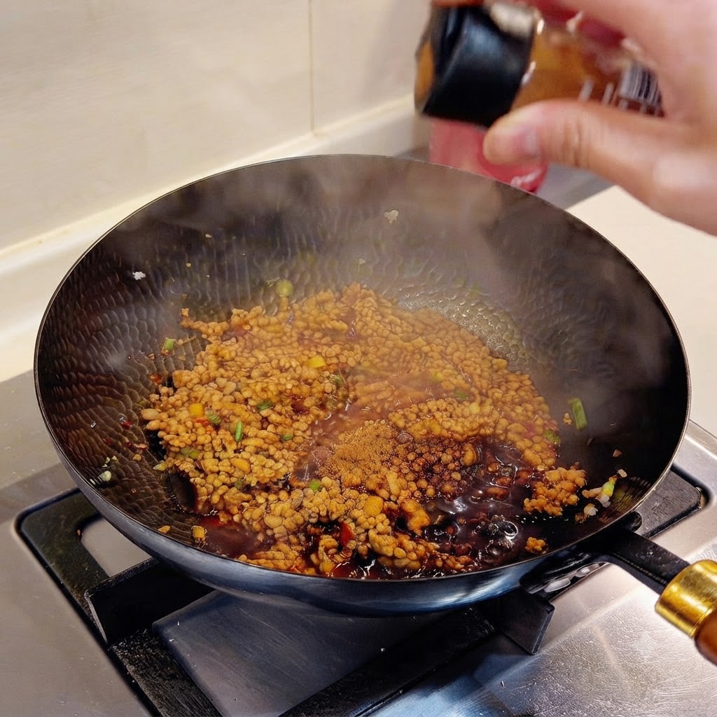 Sauce de viande hachée assaisonnée en train de mijoter dans un wok noir avec de la vapeur.