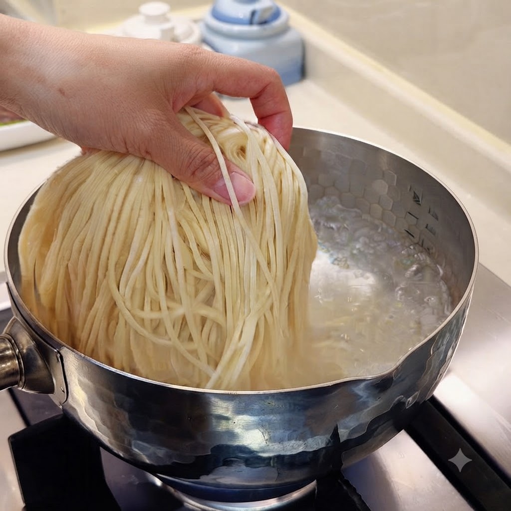 Nouilles fraîches plongées dans une casserole deau bouillante.