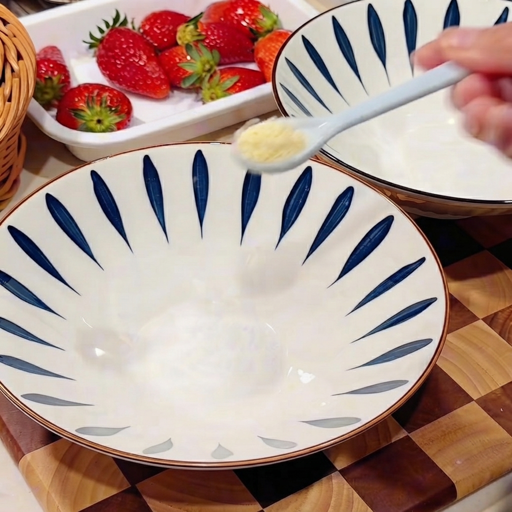 Sel et bouillon de poulet ajoutés dans un bol de service à motifs vide.