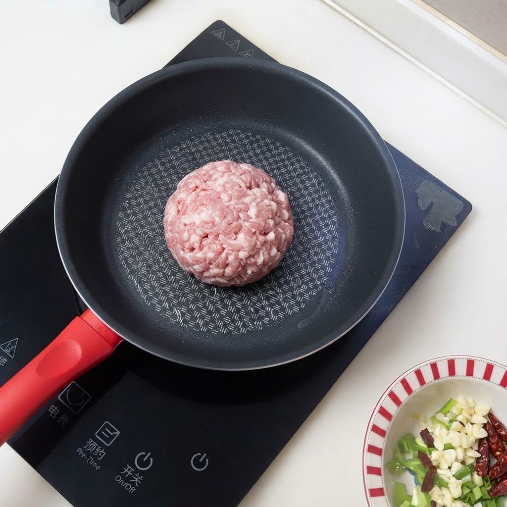 Porc haché en train dêtre sauté dans une poêle noire sur une plaque à induction.