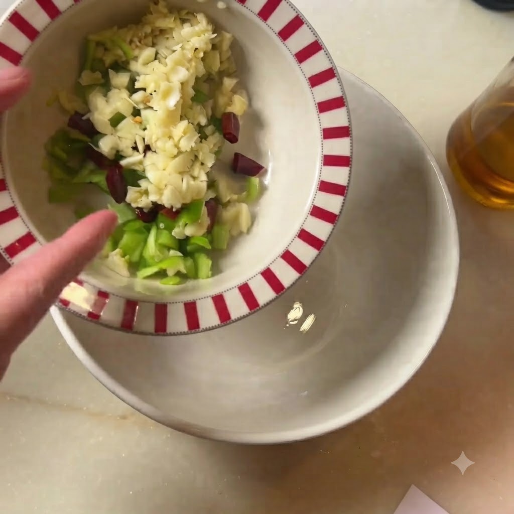 Un bol contenant de lail émincé, des piments verts et des morceaux de piment rouge séché.