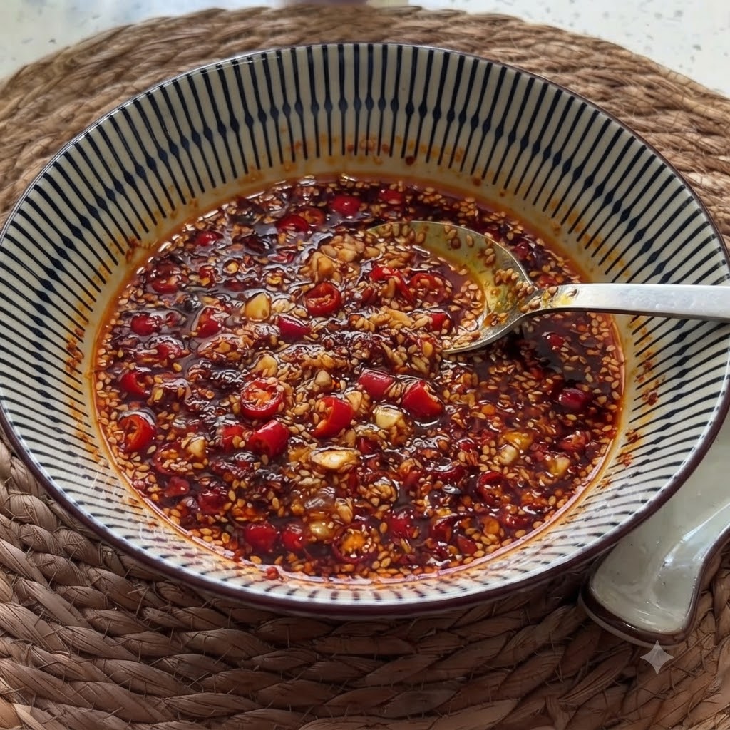 Graines de sésame blanc et cuillère de piment en poudre rouge ajoutées sur le mélange dail et de piment dans le bol.