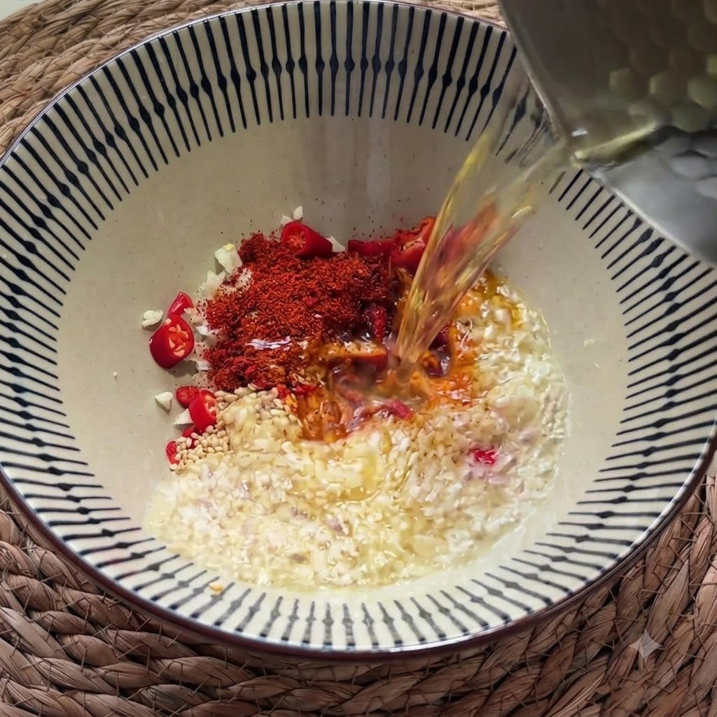 Huile chaude versée dun récipient dans le bol, grésillant sur lail, les graines de sésame et le piment en poudre.