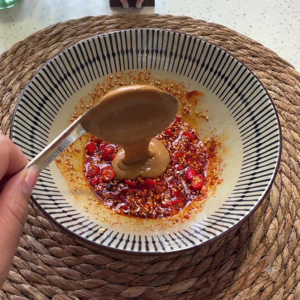 Pâte Erba ajoutée à la cuillère dans le mélange dhuile assaisonnée à lintérieur du bol.