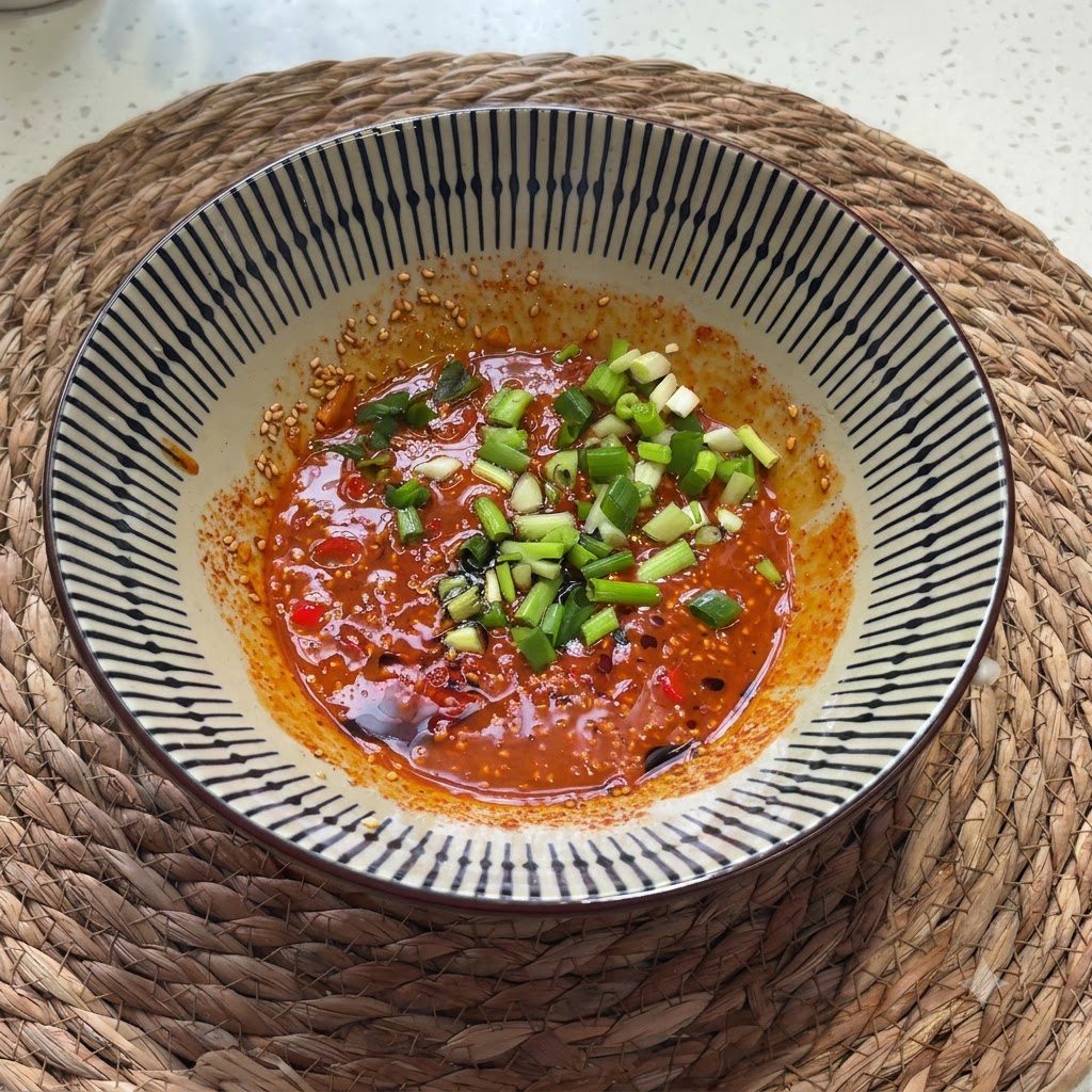Oignons verts hachés et coriandre éparpillés sur le mélange de sauce dans le bol.