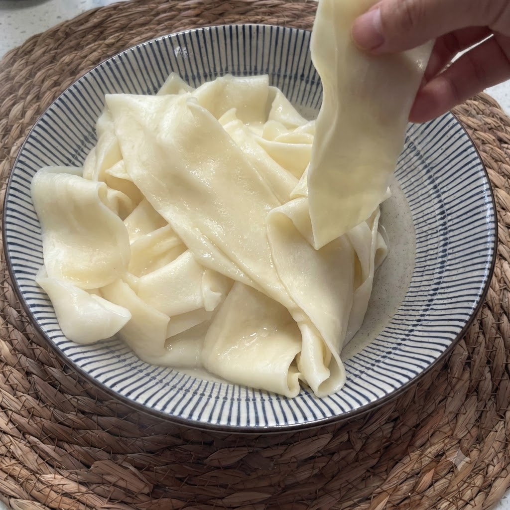 Un bol contenant des nouilles larges fraîchement bouillies tenues pour montrer leur texture lisse et souple.