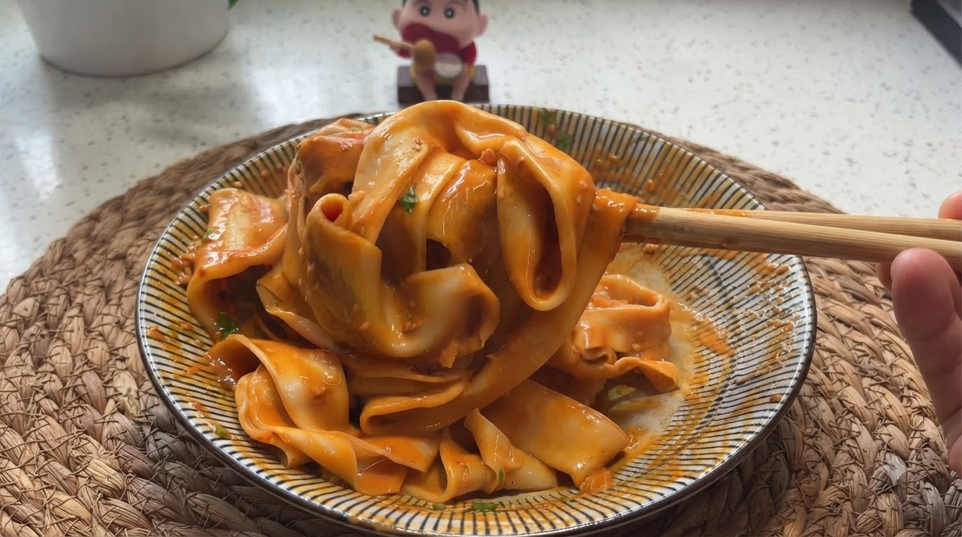 Nouilles Larges Juteuses à la Pâte de Sésame et Piment