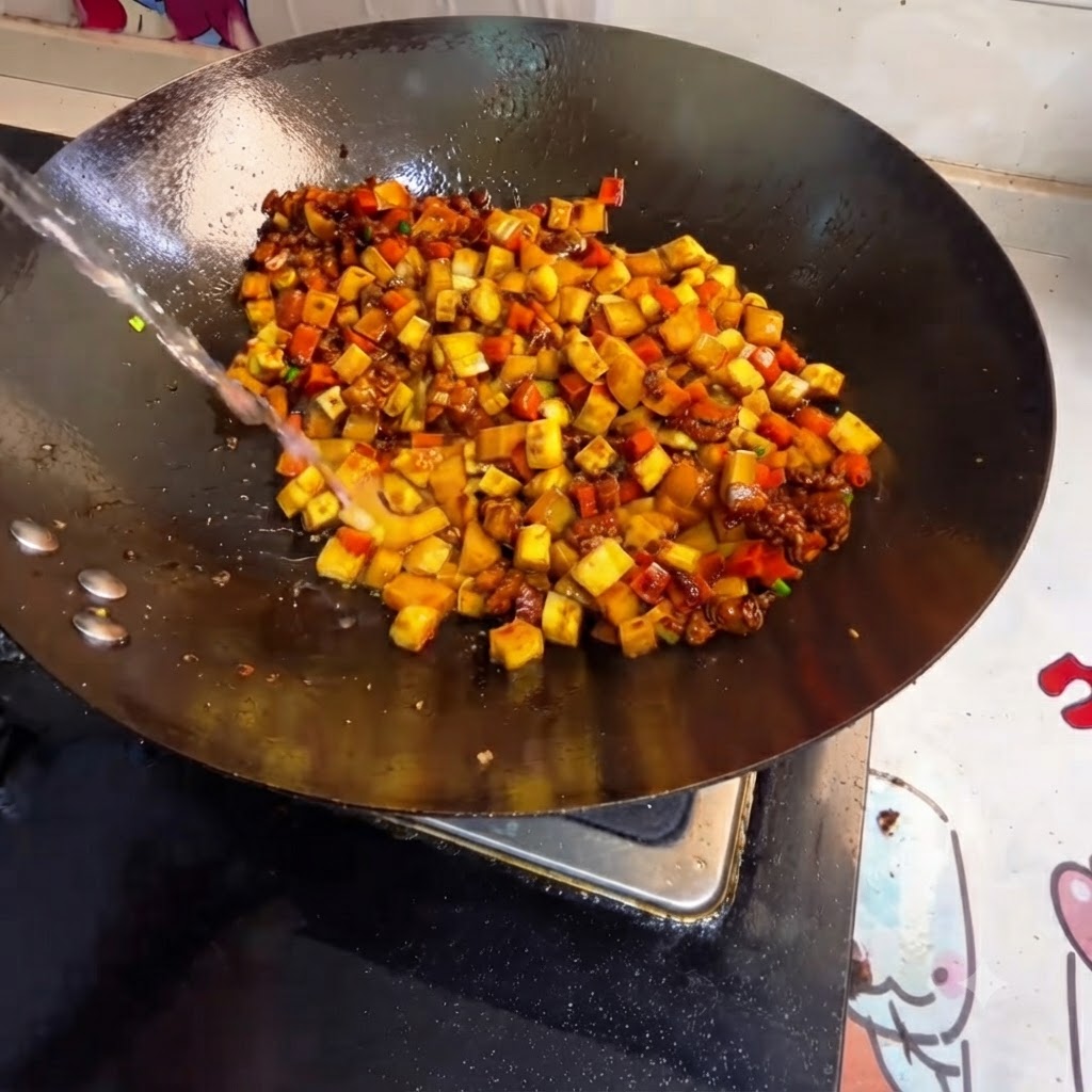 De leau est versée dans un wok rempli de légumes en dés et de viande.
