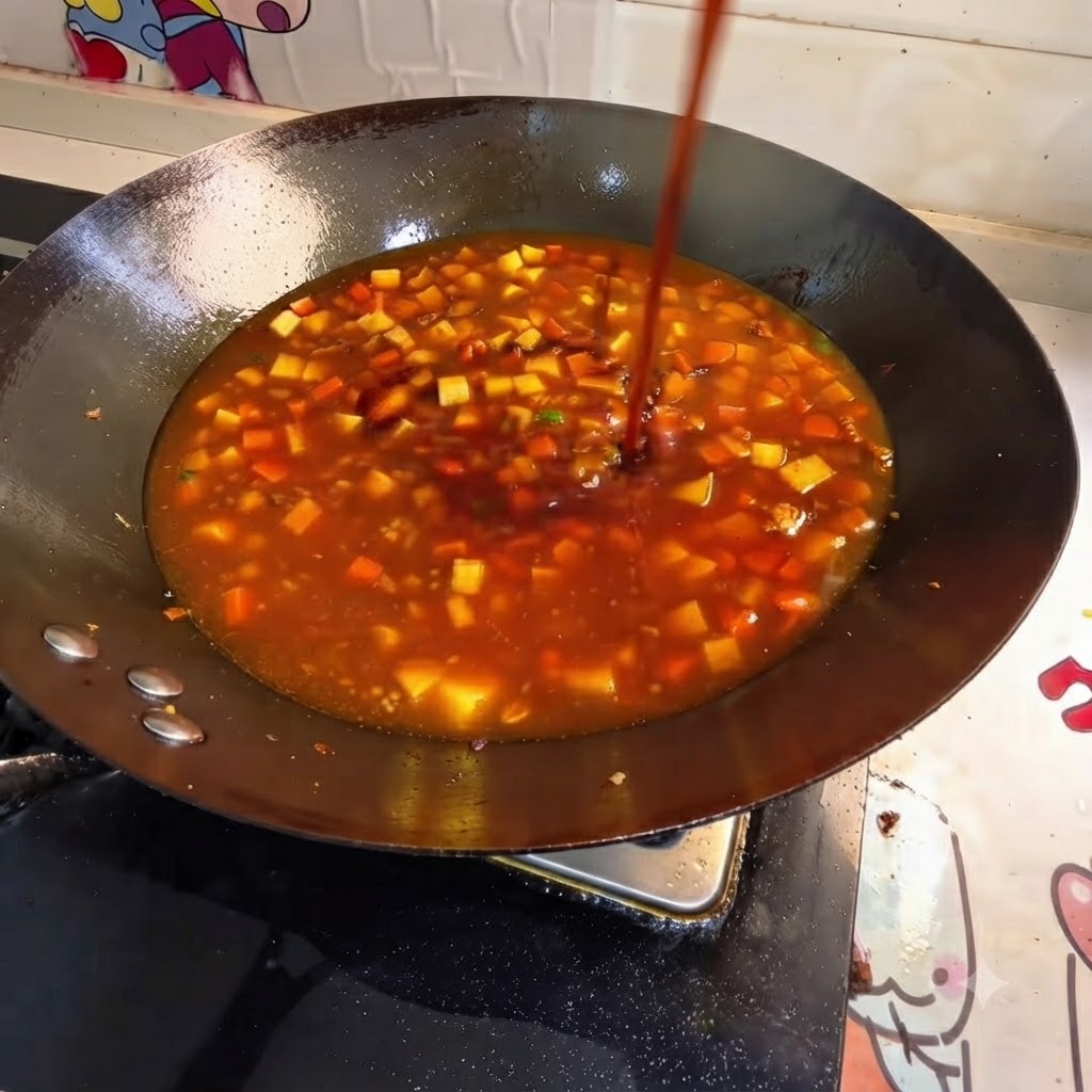 Assaisonnements et eau bouillante versés dans le wok avec les légumes et le tofu.