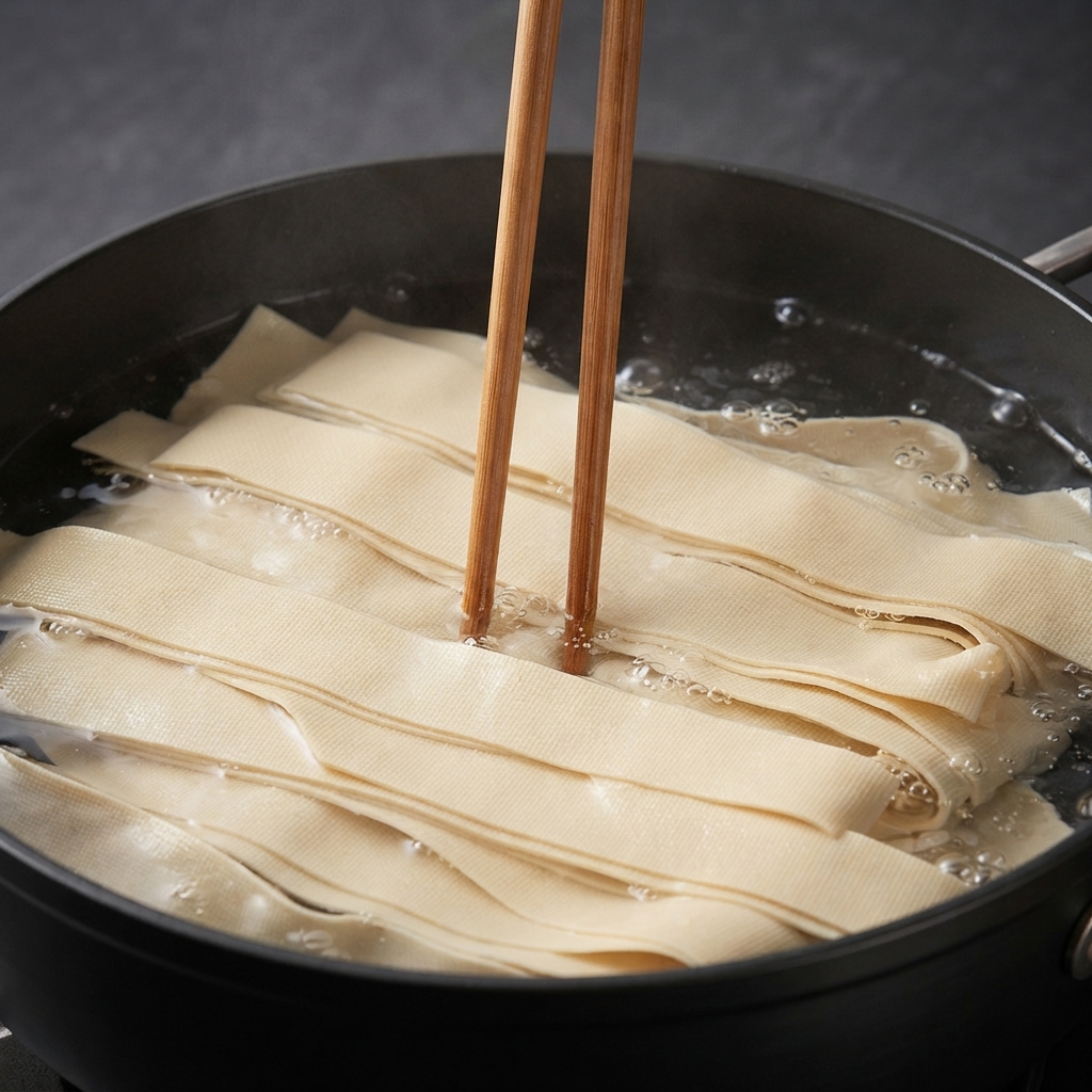 Des nouilles larges séchées frémissent dans une casserole deau chaude avec des baguettes en bois au centre.