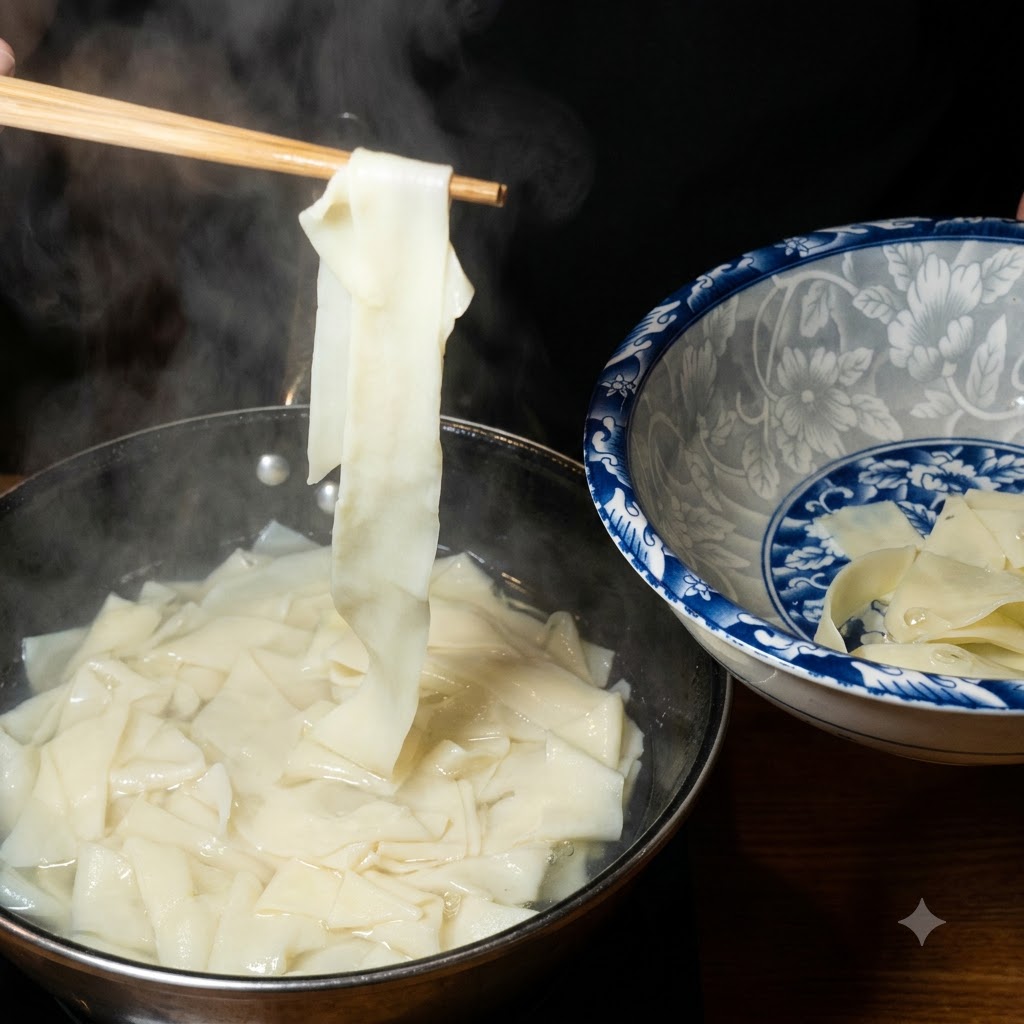 Des nouilles larges retirées dune casserole bouillante avec des baguettes et placées dans un bol en céramique bleu et blanc.