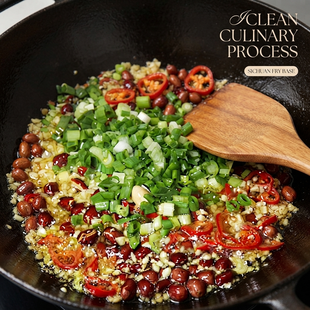 Oignons verts fraîchement hachés mélangés au mélange grésillant de piment, dail et dhuile dans un wok, avec une spatule en bois.