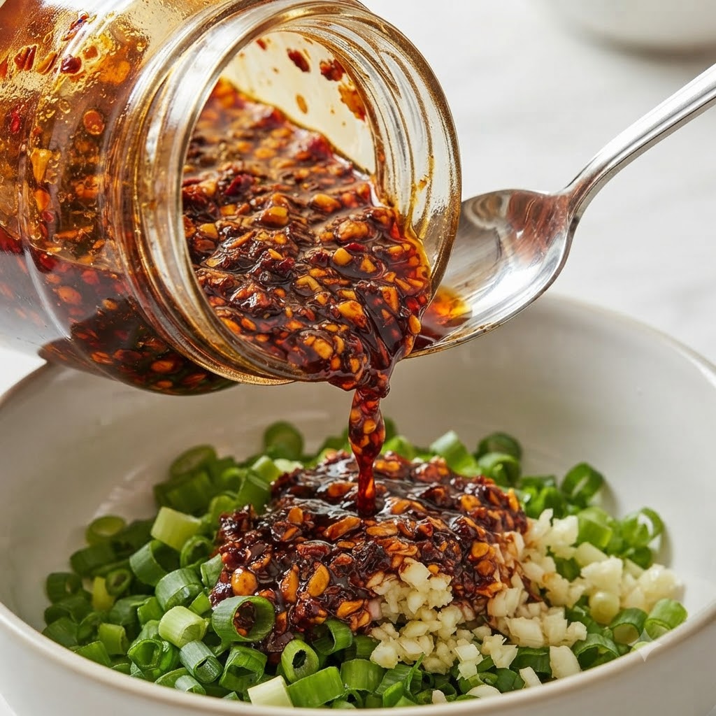 Sauce chili au bœuf foncée versée à laide dune cuillère depuis un bocal en verre dans un bol doignons verts hachés et dail.