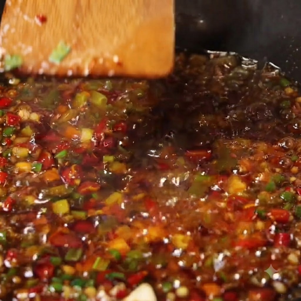 Une spatule en bois remuant un mélange frémissant de piment, dail et de sauce au bœuf dans un wok.