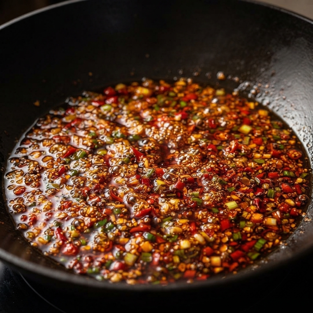 Un wok noir rempli dune sauce au bœuf et au piment rouge bouillonnante et vibrante, mélangée à des oignons verts hachés, des aromates et des graines de sésame.