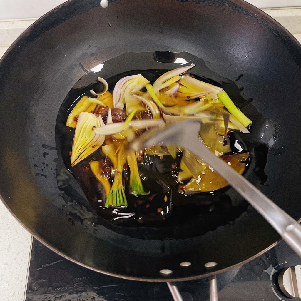 Aromates, dont des morceaux doignon, de la ciboule et des épices, frits dans lhuile chaude à lintérieur dun wok.
