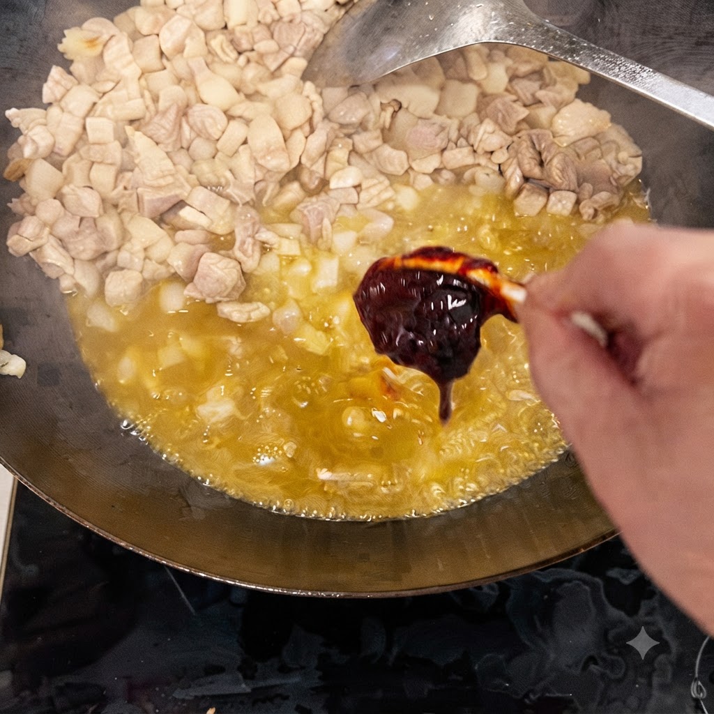 Une cuillerée de pâte de haricots foncée ajoutée aux morceaux de porc cuits dans un wok.