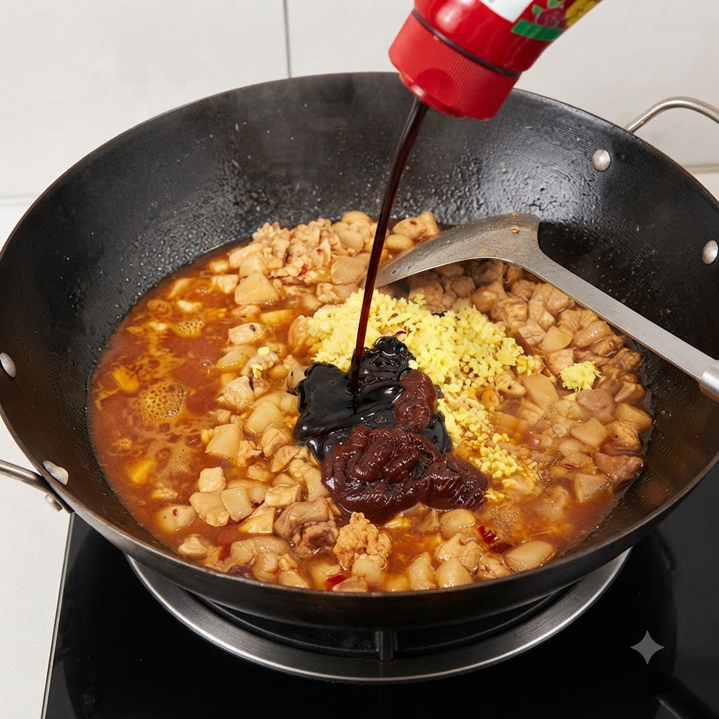 Sauce soja, sauce huître et sucre candi versés dans le wok avec la viande et les épices.