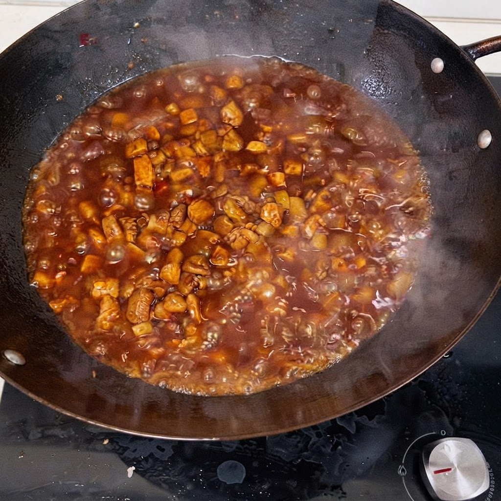 Eau chaude versée dans le wok contenant la viande frémissante et la sauce.