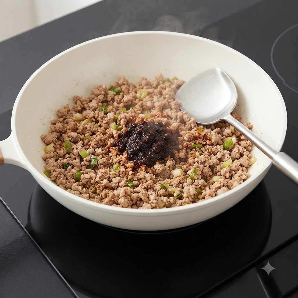 Sauce soja foncée ajoutée dans une poêle contenant du porc haché cuit et des oignons nouveaux.