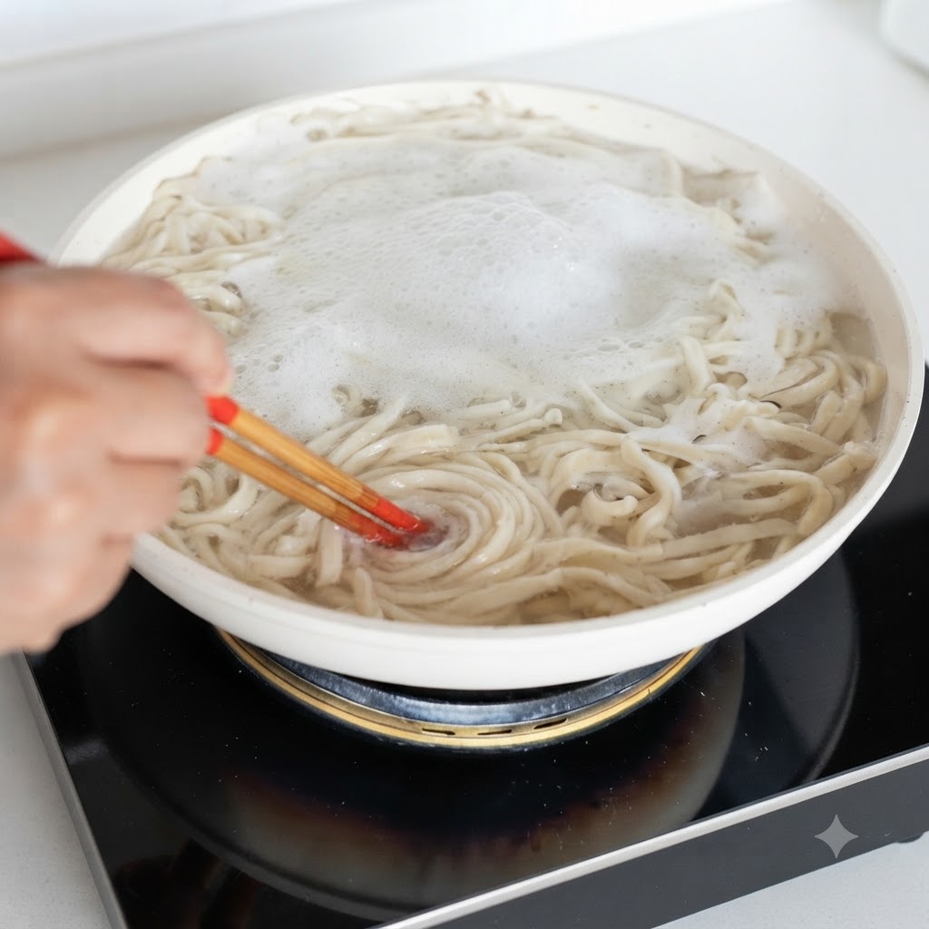 Nouilles en train de cuire dans une casserole deau bouillante avec des bulles à la surface.