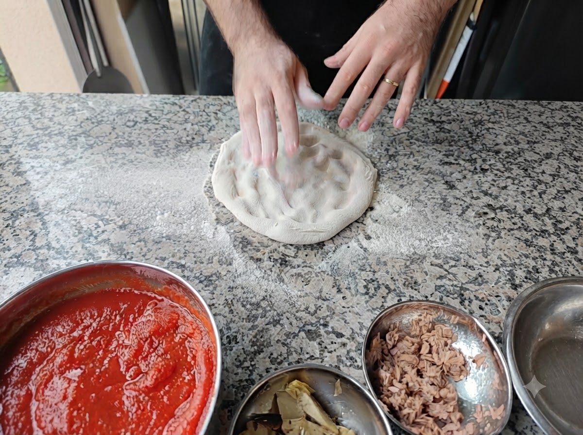 Des mains tapotant un morceau de pâte à pizza rond sur une table farinée.