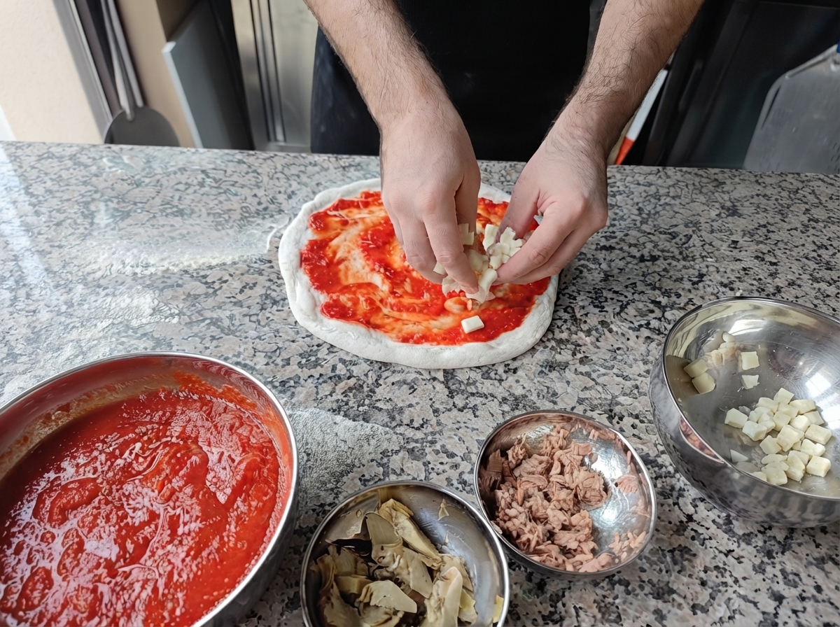 Des mains plaçant des cubes de mozzarella blanche sur une base de pizza recouverte de sauce.