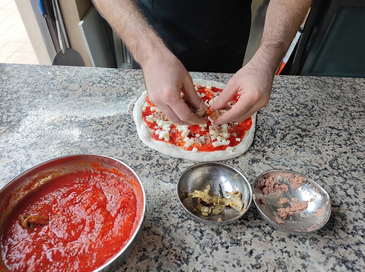 Des mains plaçant des morceaux de thon émietté et dartichaut rôti sur une pizza crue recouverte de sauce tomate et de fromage.