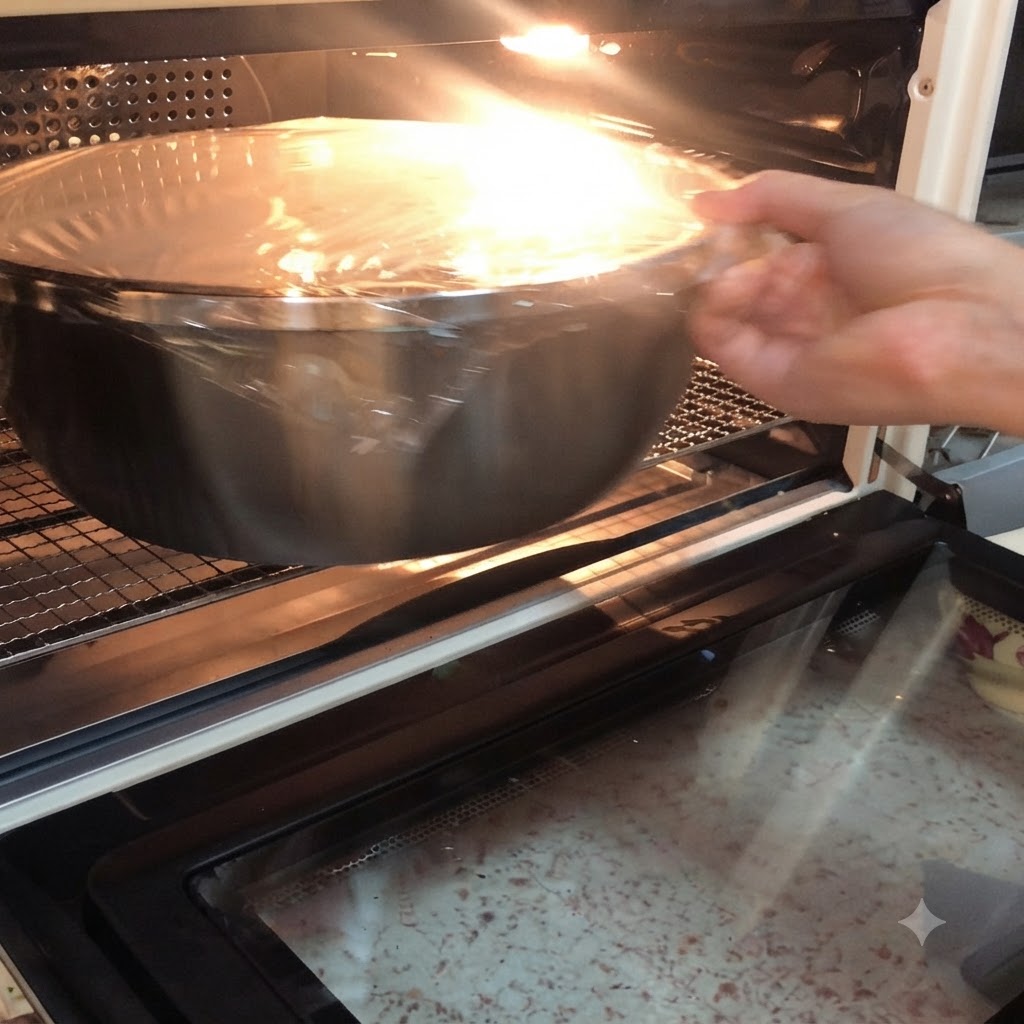 Un bol de masa tapado colocado en la rejilla del horno bajo la luz.