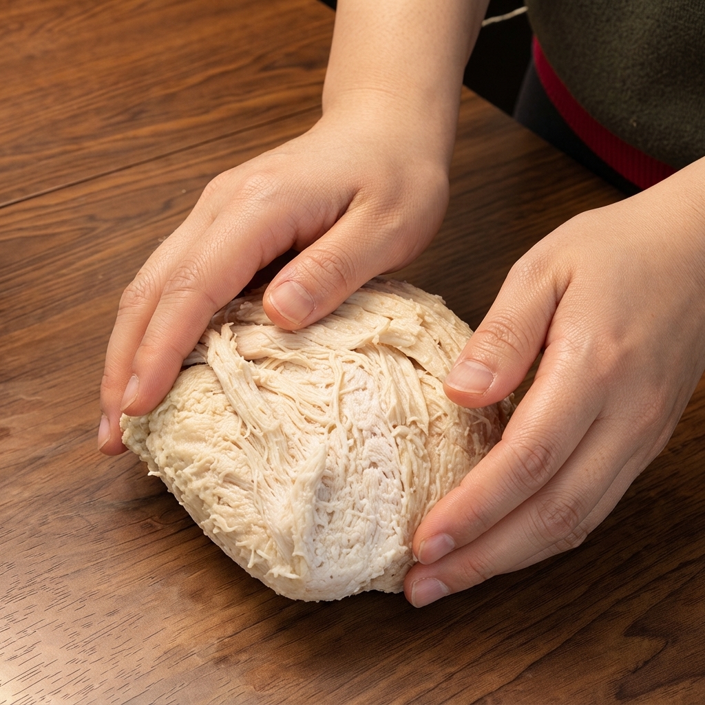 Manos moldeando y dividiendo una porción de masa de pizza fermentada sobre una superficie de madera.