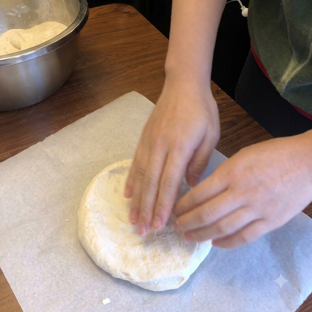 Manos presionando y extendiendo masa de pizza fermentada de manera uniforme sobre papel de hornear.