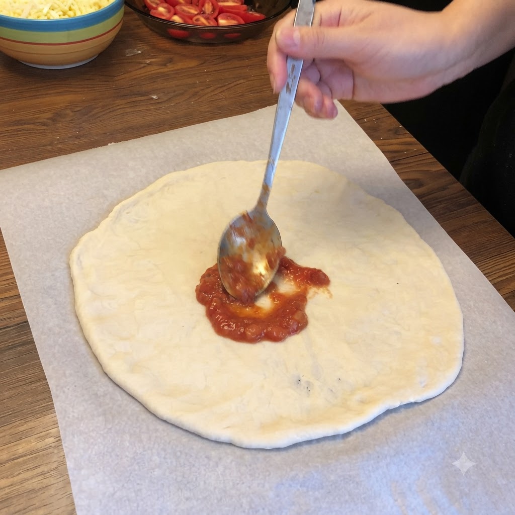 Cuchara esparciendo salsa de tomate roja en movimientos circulares sobre una base de masa de pizza redonda.