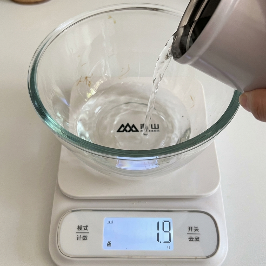De leau et de la levure sèche active mesurées dans un bol en verre sur une balance de cuisine.