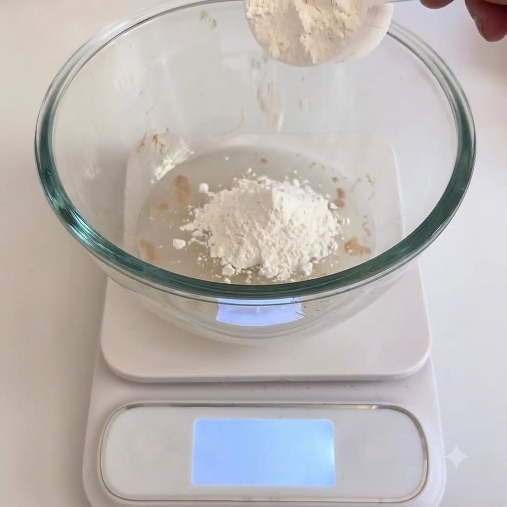 De la farine à pain et du sel versés dans un bol en verre contenant de leau et de la levure.
