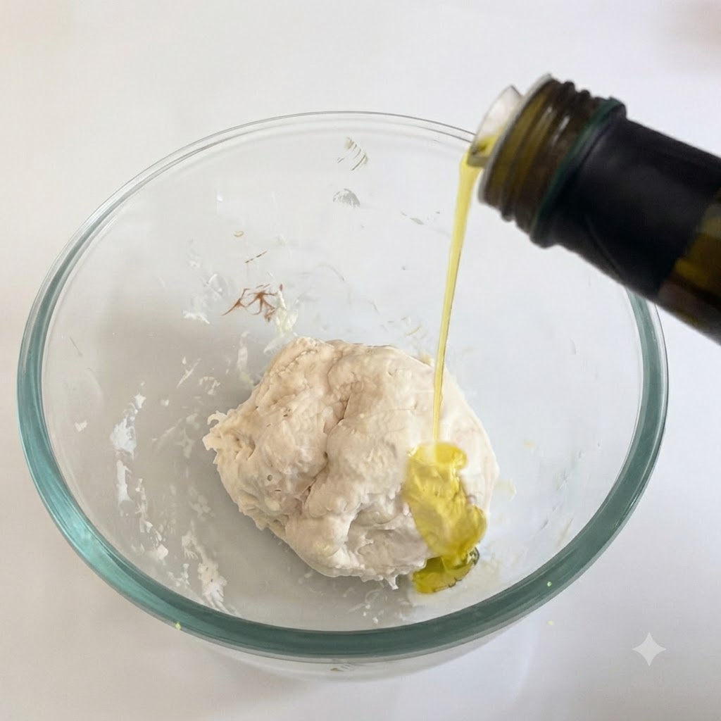 Huile dolive coulant sur une boule de pâte à pizza dans un bol en verre.