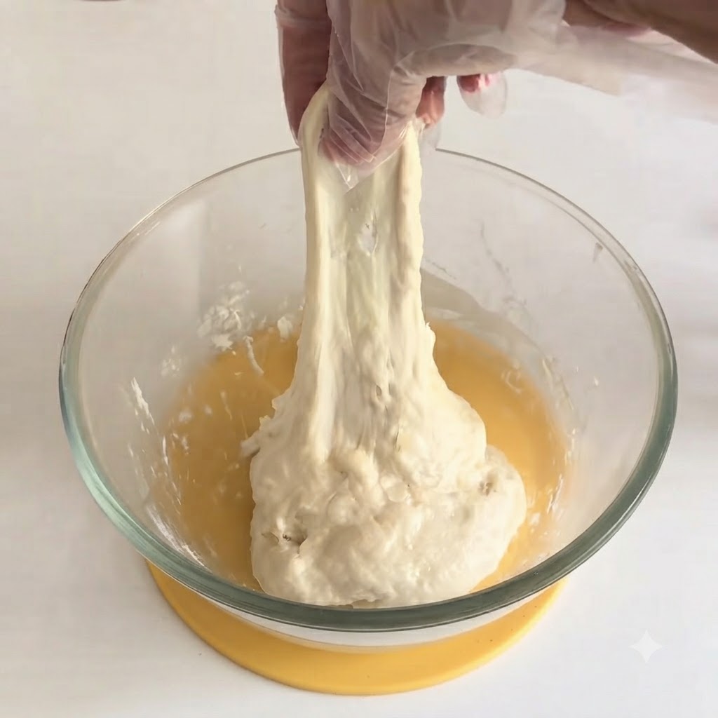 Une main gantée étirant la pâte à pizza vers le haut depuis un bol.