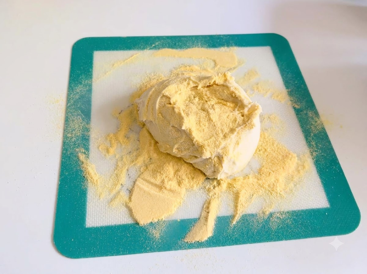 Pâte sur un tapis en silicone recouvert dune couche de semoule de maïs jaune.