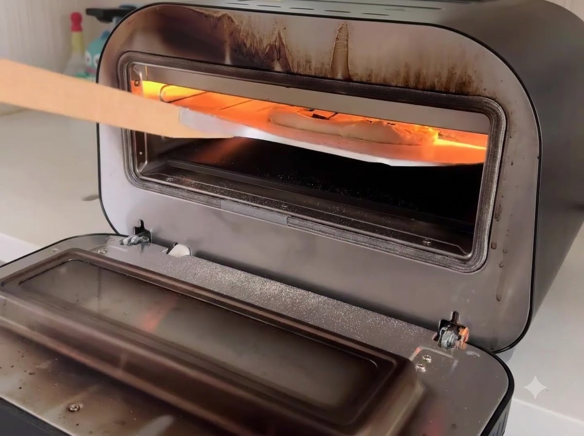Pizza glissée sur une pelle en bois à lintérieur dun four de cuisson compact.