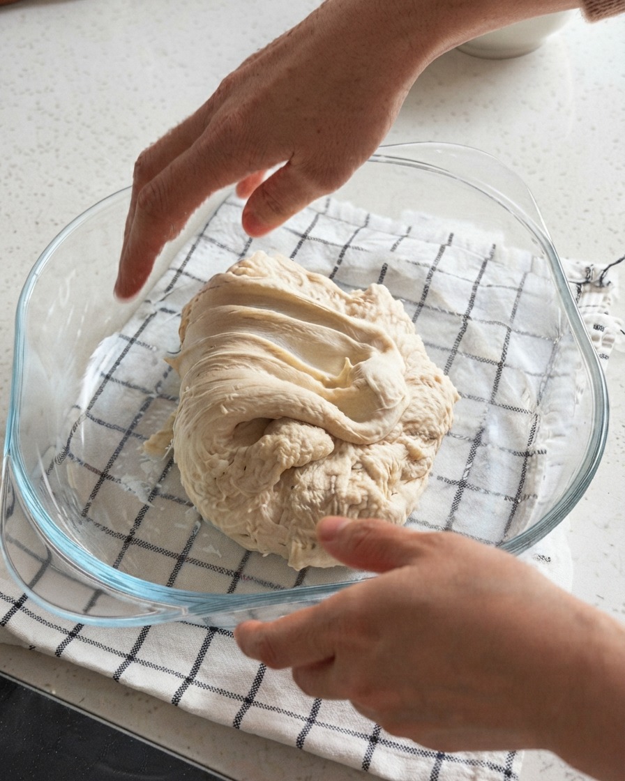 Des mains plongeant dans un récipient en verre transparent pour étirer et plier une boule de pâte à pizza.