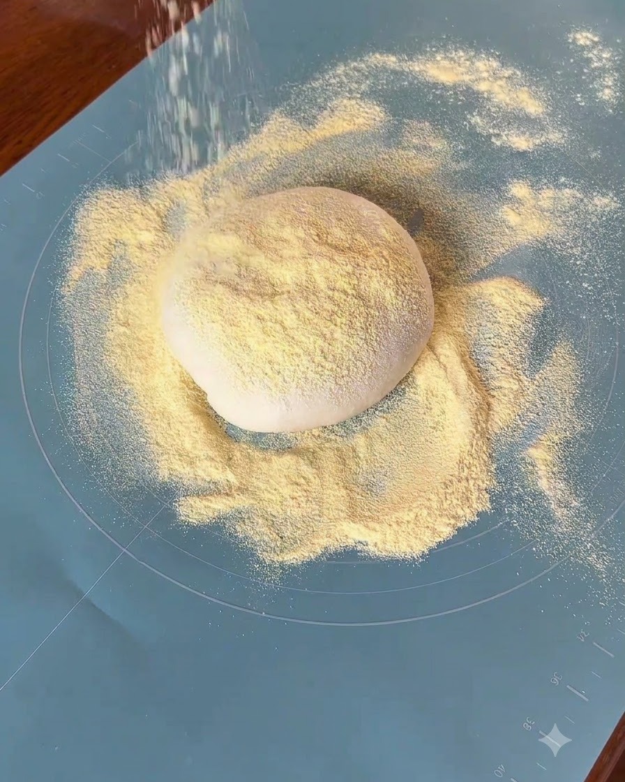 De la semoule de maïs jaune saupoudrée par le haut sur une boule de pâte à pizza ronde reposant sur un tapis de cuisson en silicone bleu.