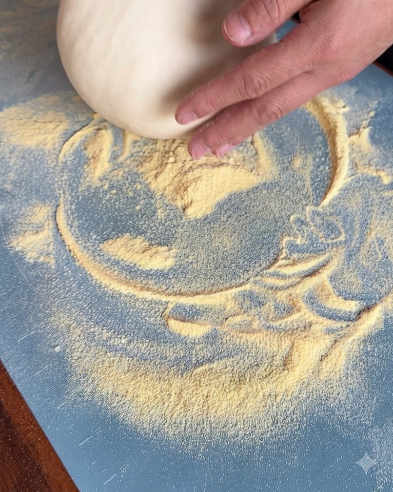 Une boule de pâte ronde reposant sur un plan de travail bleu saupoudré de semoule de maïs jaune.