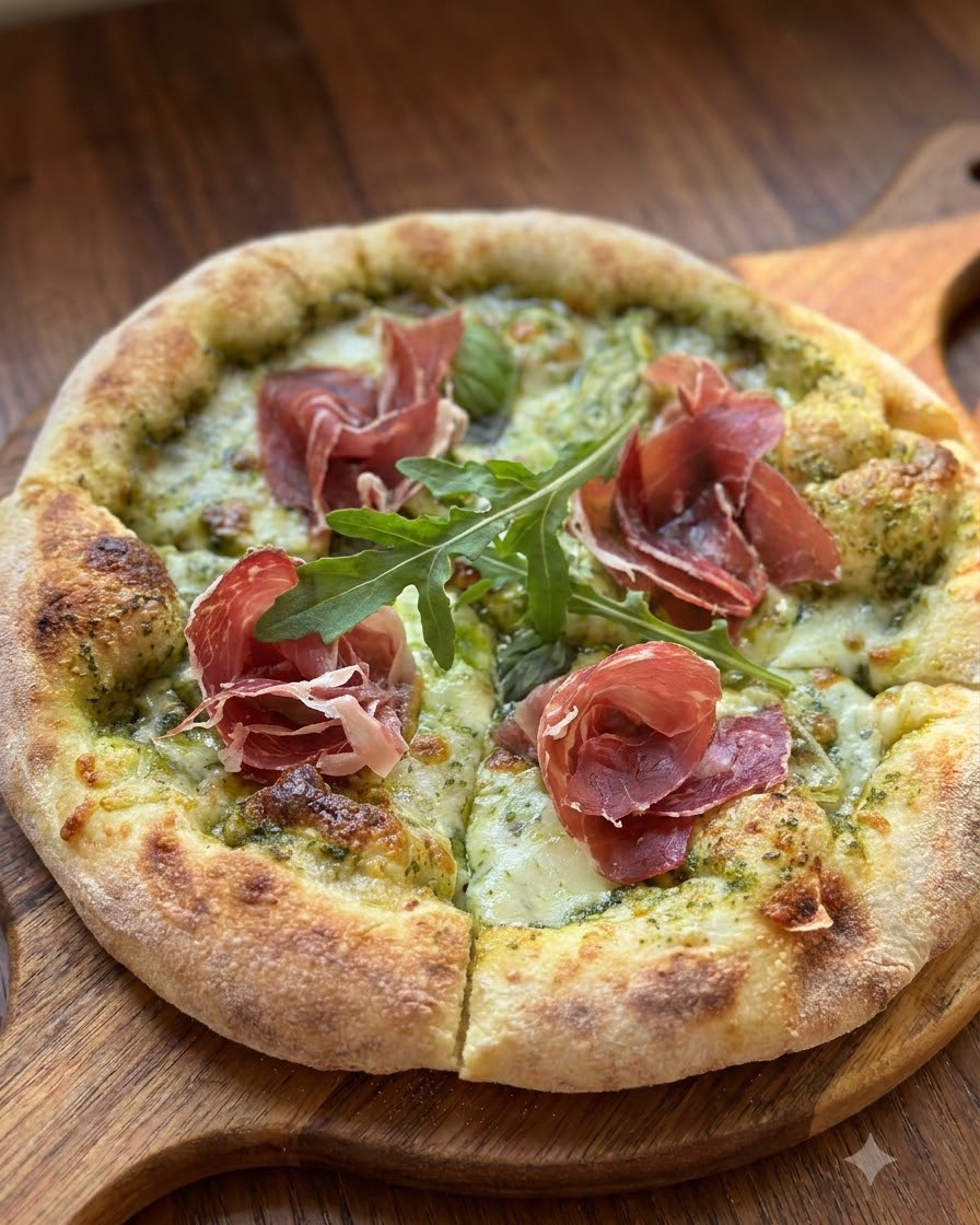 Une pizza fraîchement cuite sur une planche en bois décorée de plis de jambon cru et de feuilles de roquette verte fraîche.