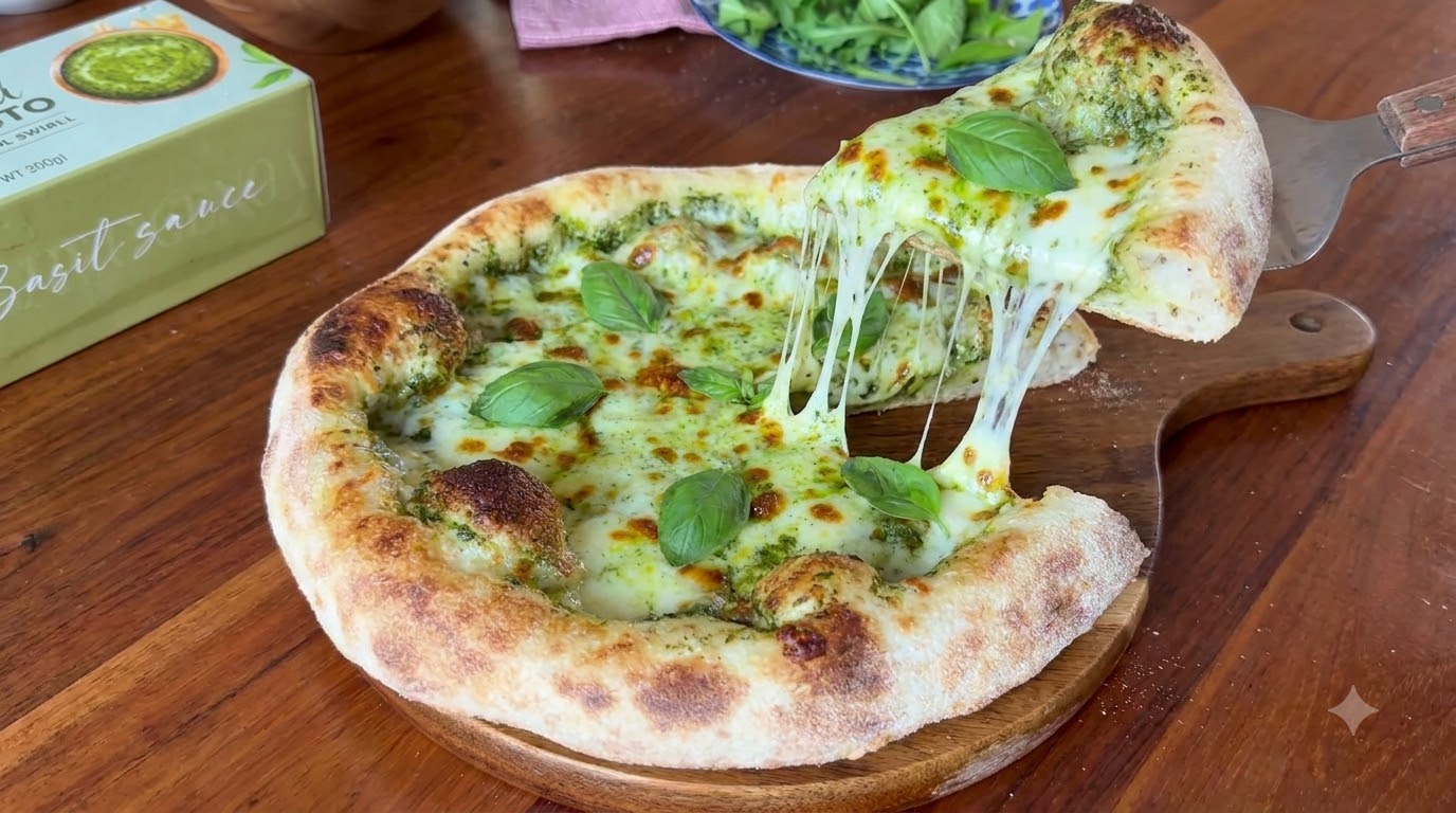 Une pizza au pesto de basilic fraîchement sortie du four sur une planche à découper en bois, mettant en valeur de longs fils de fromage et une part garnie.